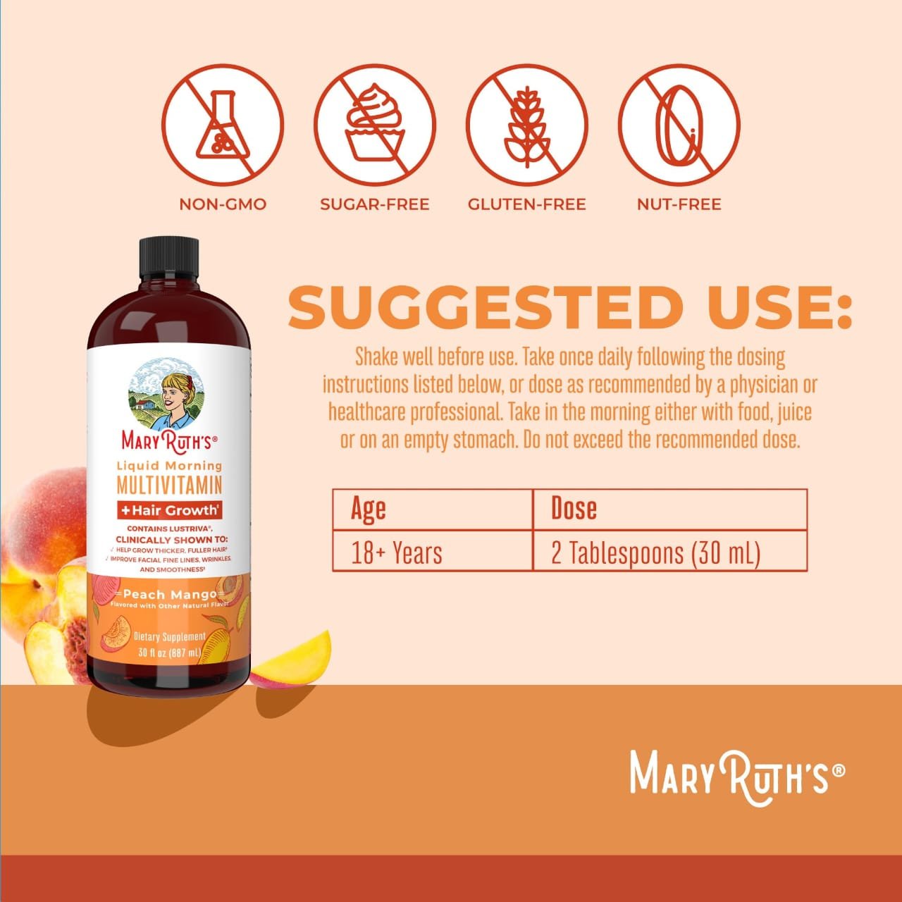 MaryRuth's Liquid Morning Multivitamin + Hair Growth, Peach Mango, 30 fl oz (887 ml) - Image 3