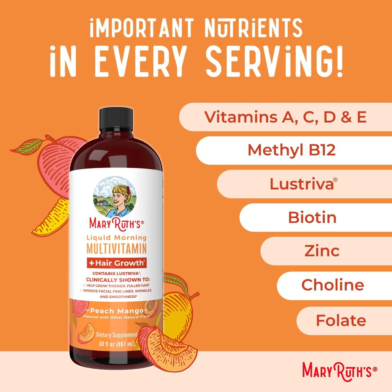 MaryRuth's Liquid Morning Multivitamin + Hair Growth, Peach Mango, 30 fl oz (887 ml) - Image 2